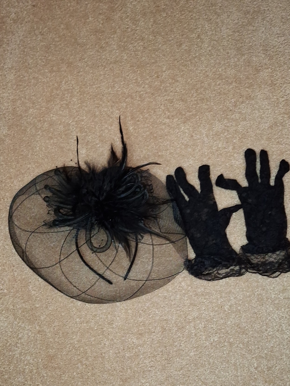 Black Feathered Fascinator Hat with Lace Gloves